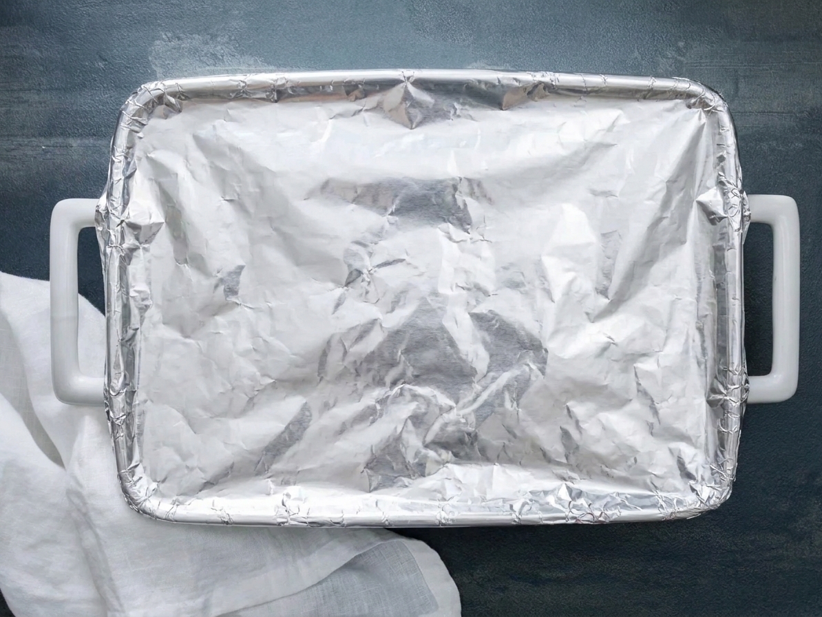 A foil-covered ceramic baking dish on a kitchen counter, ready to go into the oven
