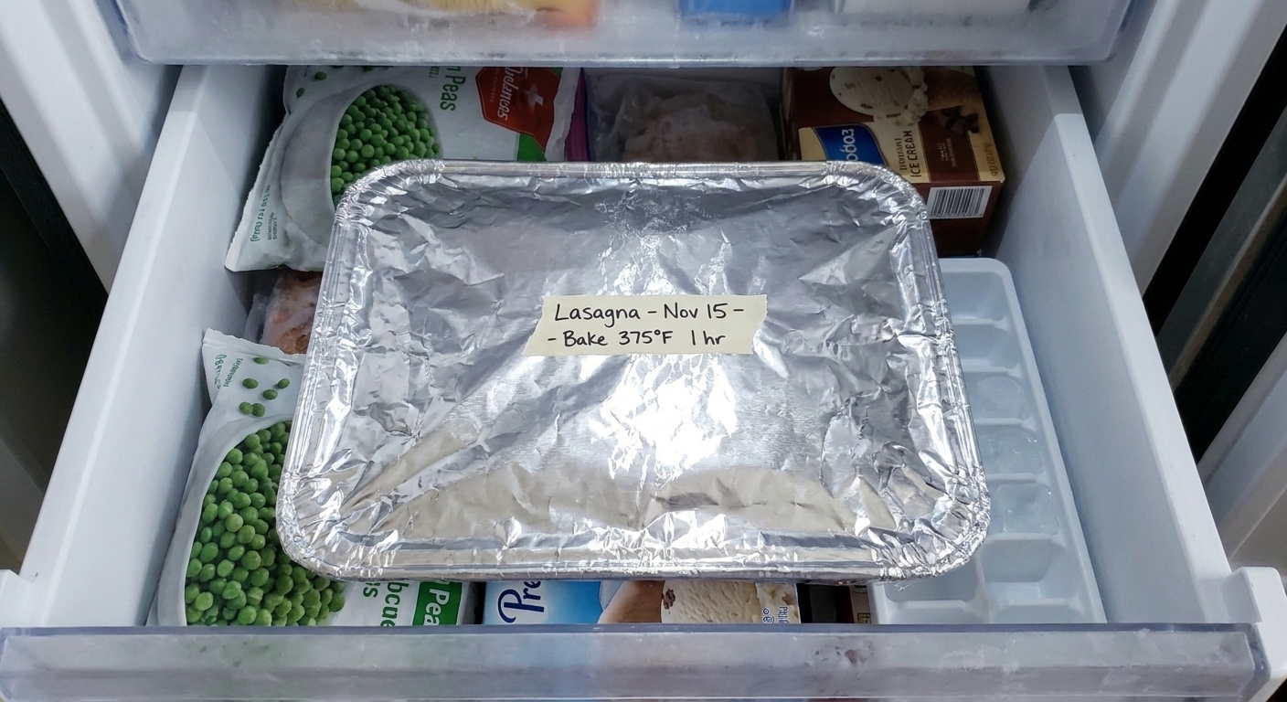A foil-wrapped baking pan labeled with the date and baking instructions, sitting in an open freezer drawer