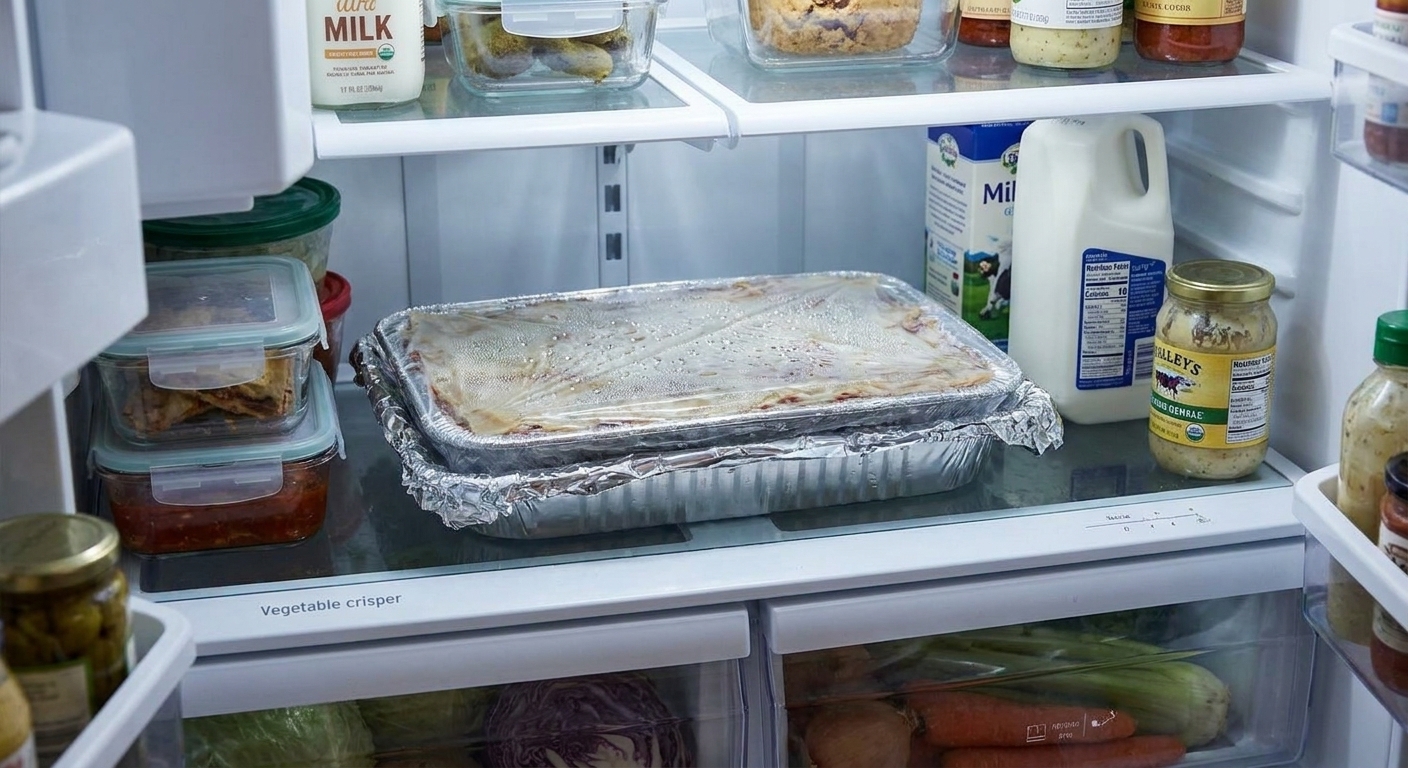 A foil-wrapped pan of lasagna thawing on a refrigerator shelf