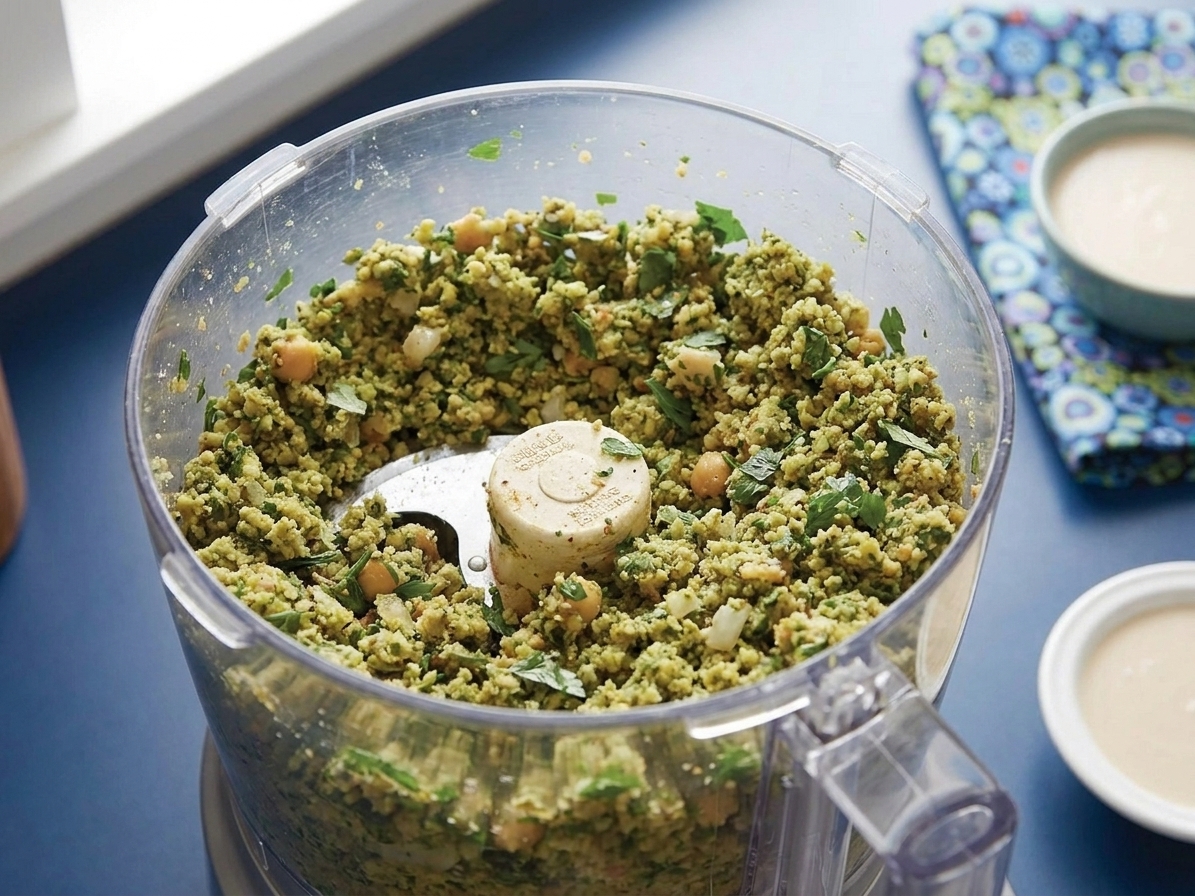 A food processor bowl filled with coarse ground falafel mixture speckled with parsley and cilantro, showing a crumbly texture before shaping