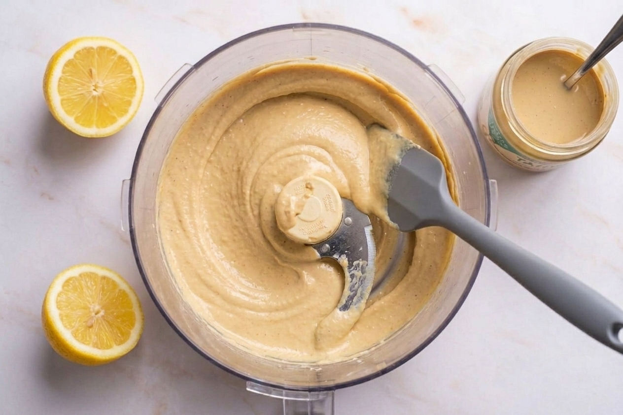 A food processor bowl filled with freshly blended hummus that looks smooth and glossy, with a spatula scraping down the side