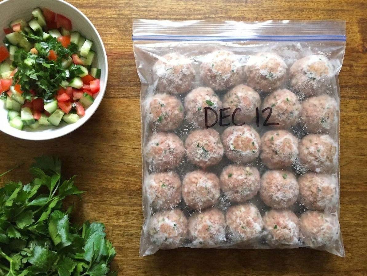 A freezer bag filled with frozen turkey meatballs laid flat on a kitchen counter, with a visible date written on the bag