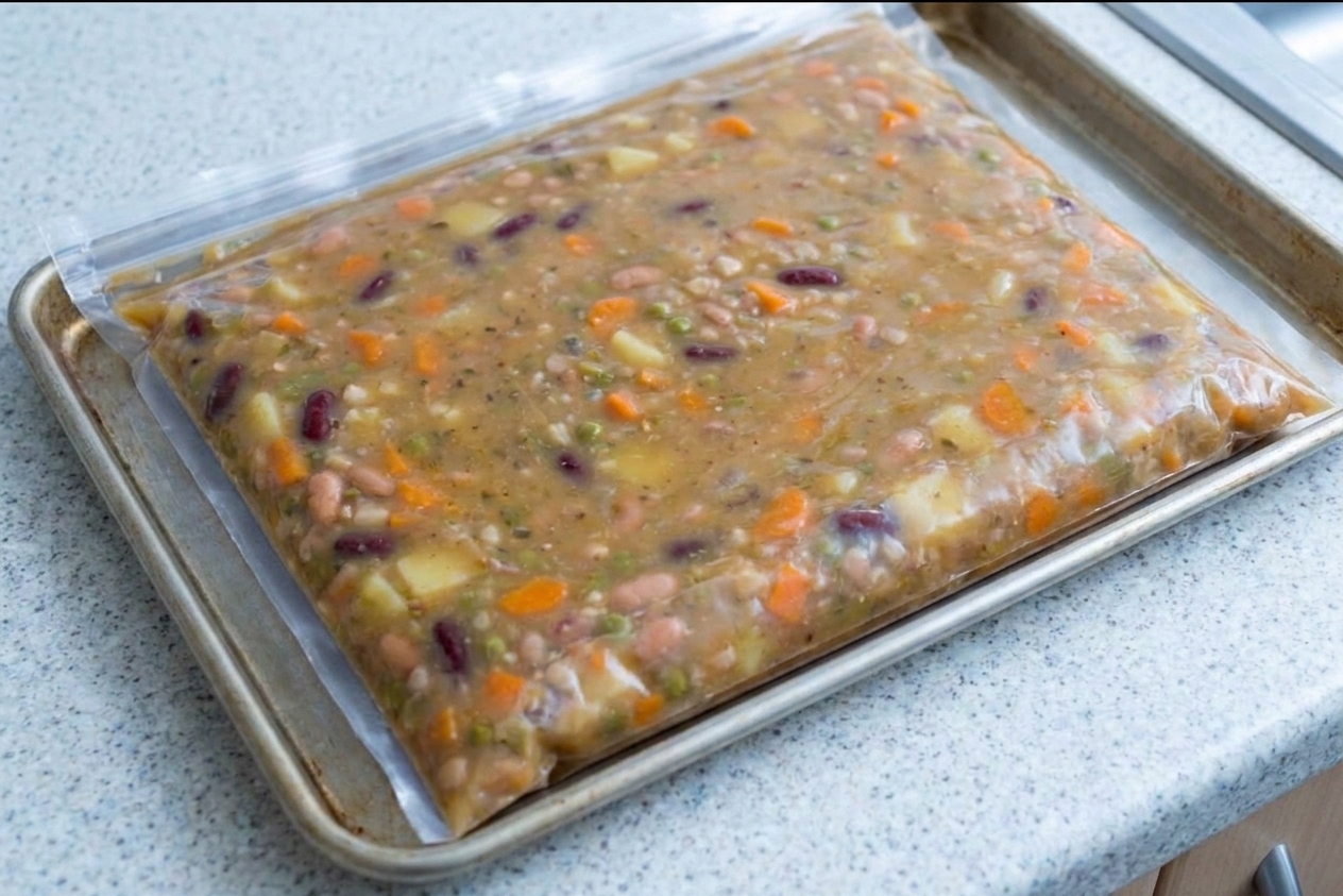 A freezer bag filled with soup laid flat on a rimmed baking sheet, smoothed into an even layer and ready to freeze