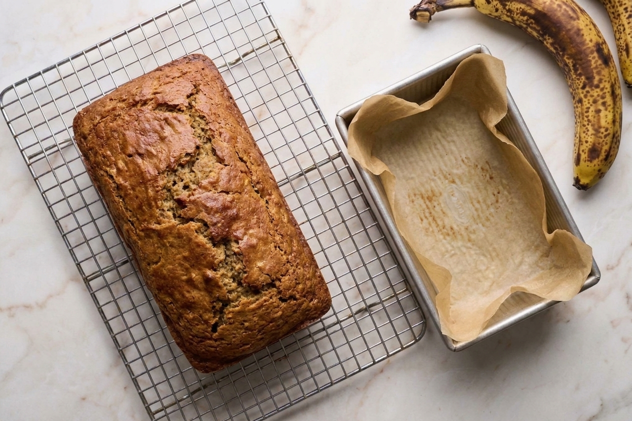 A fresh-baked banana bread loaf cooling on a wire rack with the loaf pan nearby
