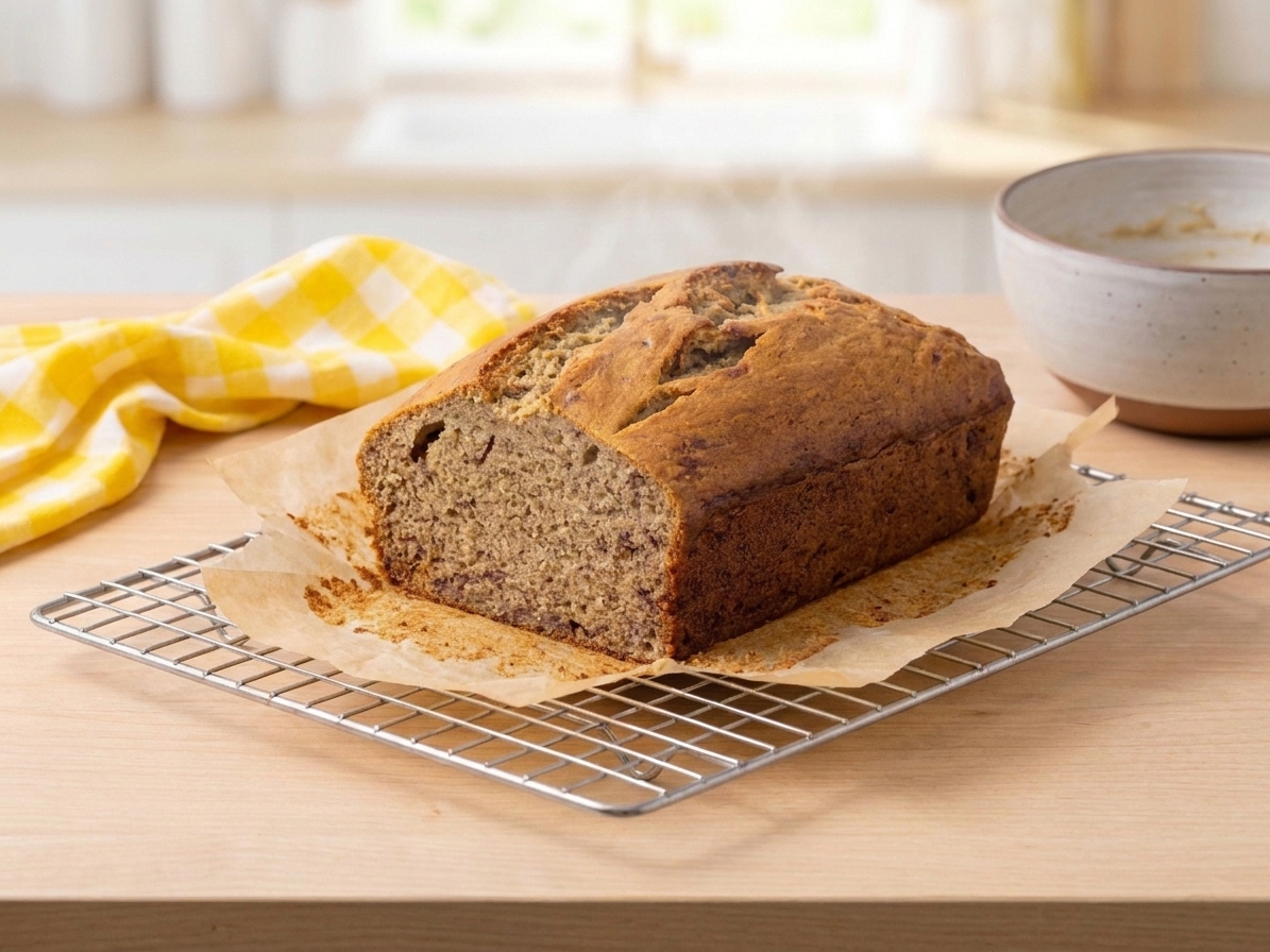A freshly baked banana bread loaf cooling on a wire rack with a parchment sling folded back