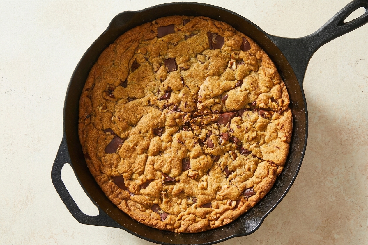 A freshly baked cookie cake cooling in its pan with a golden edge and slightly underbaked center settling as it cools