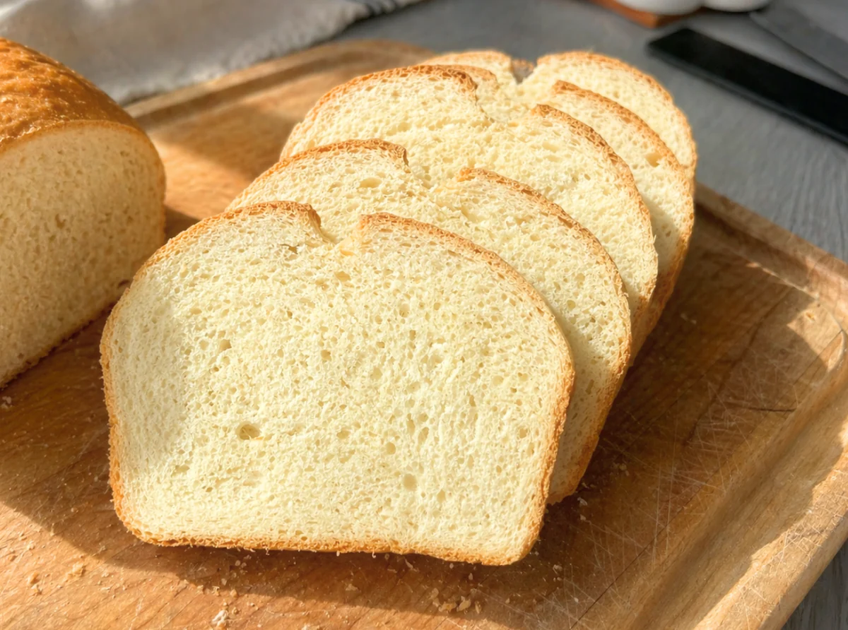 A freshly baked homemade white bread loaf on a cutting board with a serrated bread knife nearby and a few slices cut, warm kitchen counter lighting