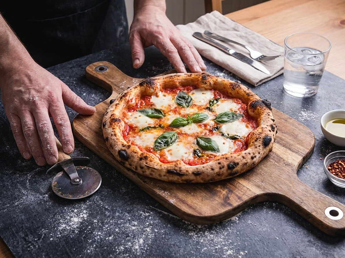 A freshly baked pizza on a wooden cutting board on a kitchen table, with a simple table setting and a glass of water nearby