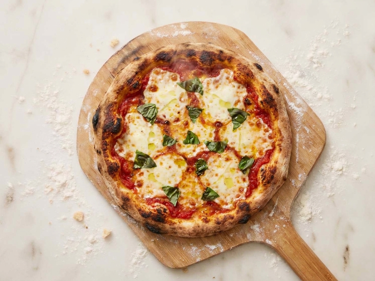 A freshly baked pizza with browned crust and bubbling cheese on a wooden cutting board on a kitchen counter