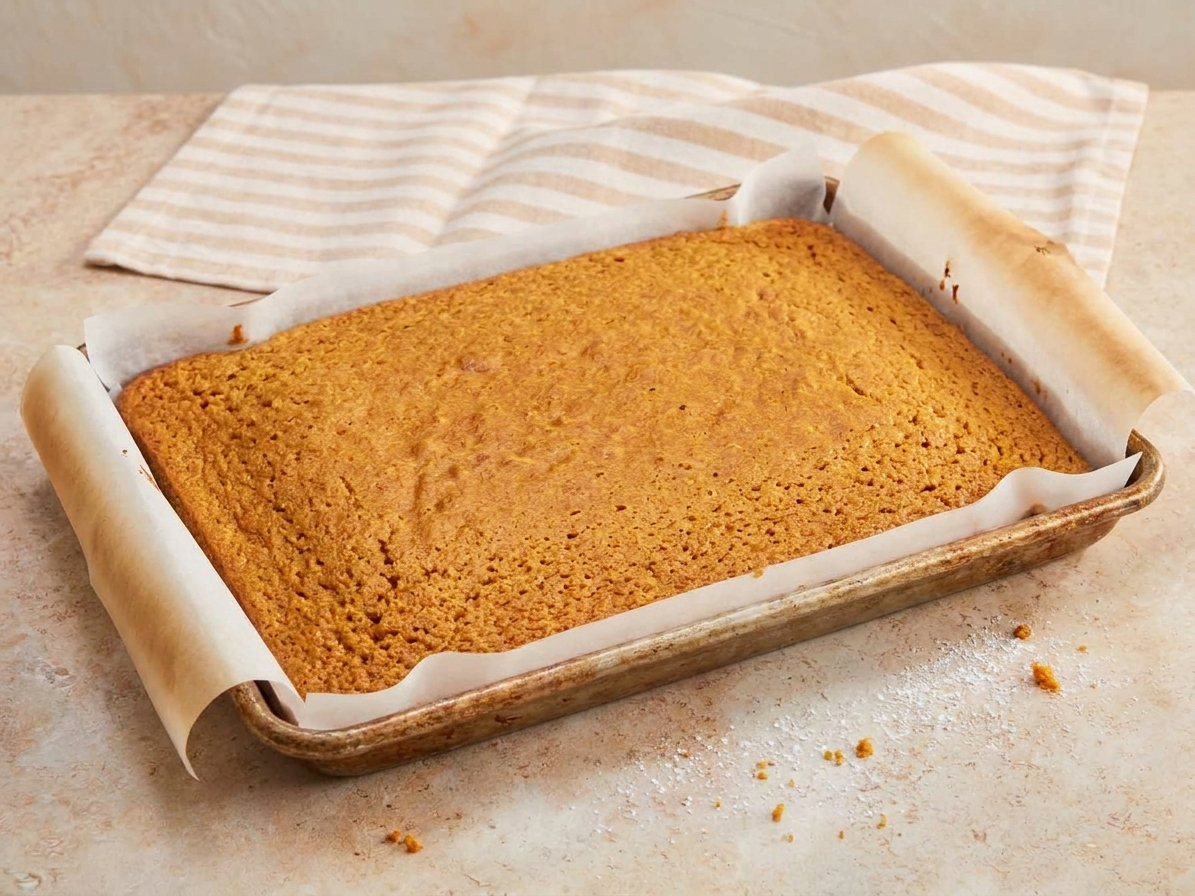 A freshly baked pumpkin sponge cake in a jelly roll pan with parchment edges visible
