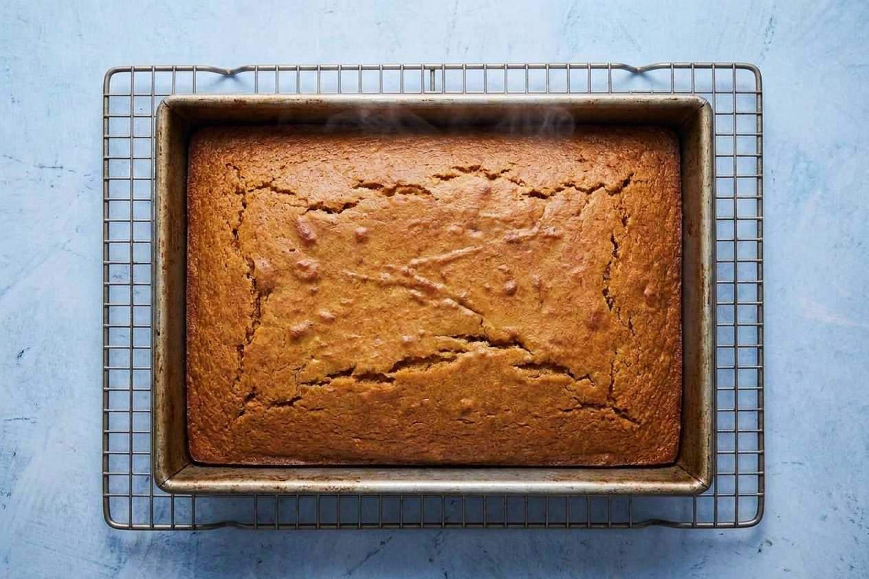 A freshly baked sweet potato cake cooling in a rectangular baking pan on a wire rack.