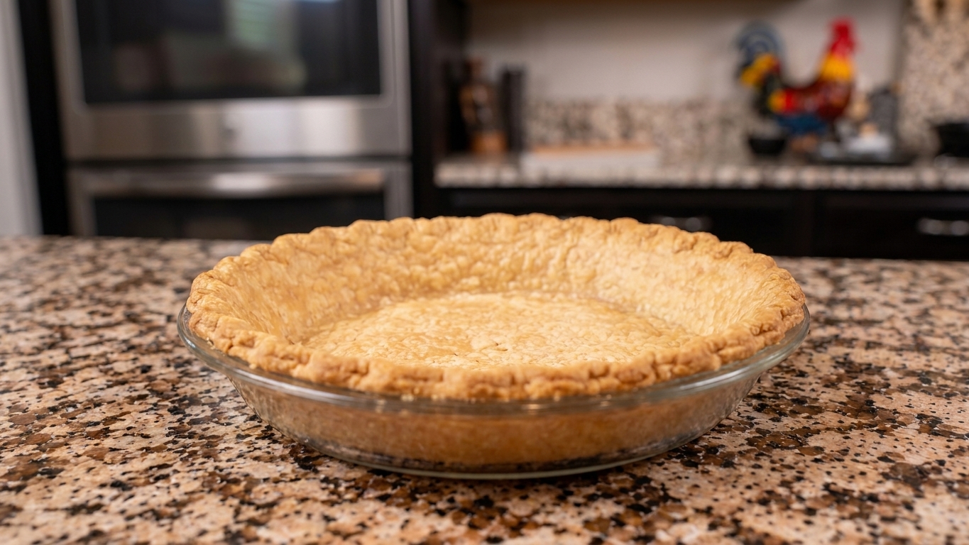 A fully blind-baked pie crust in a pie dish with an even golden color and a dry, crisp-looking bottom