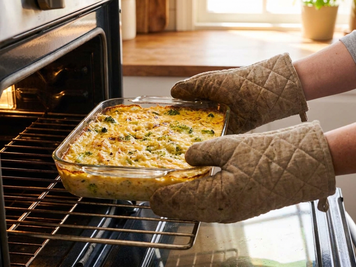 A glass baking dish filled with creamy chicken and rice casserole being placed into an oven by a cook's hands