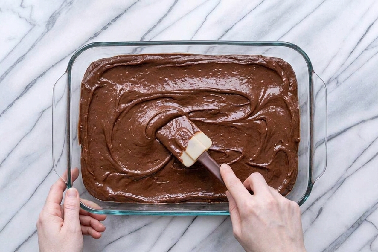 A glass baking dish filled with glossy chocolate brownie batter being smoothed with a rubber spatula on a kitchen counter