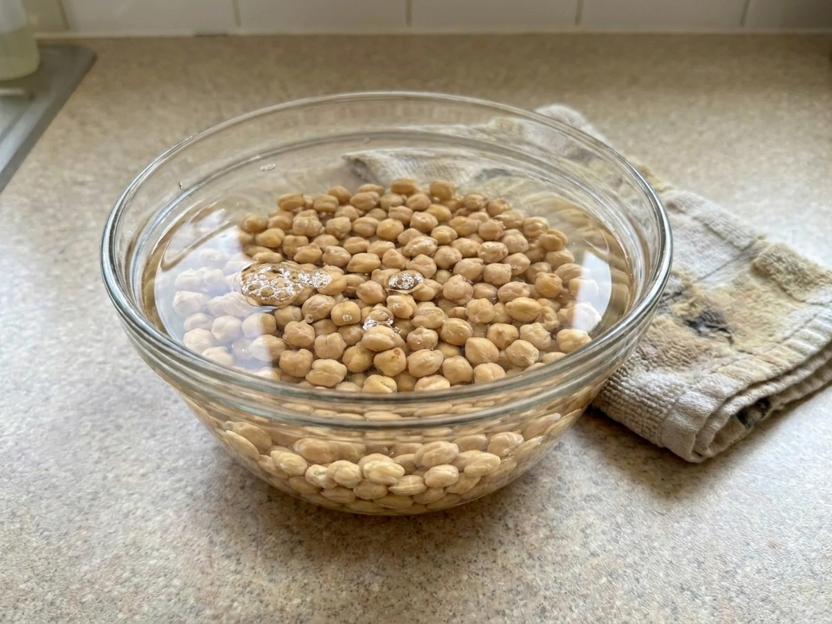 A glass bowl filled with dried chickpeas soaking in water on a kitchen counter beside a towel