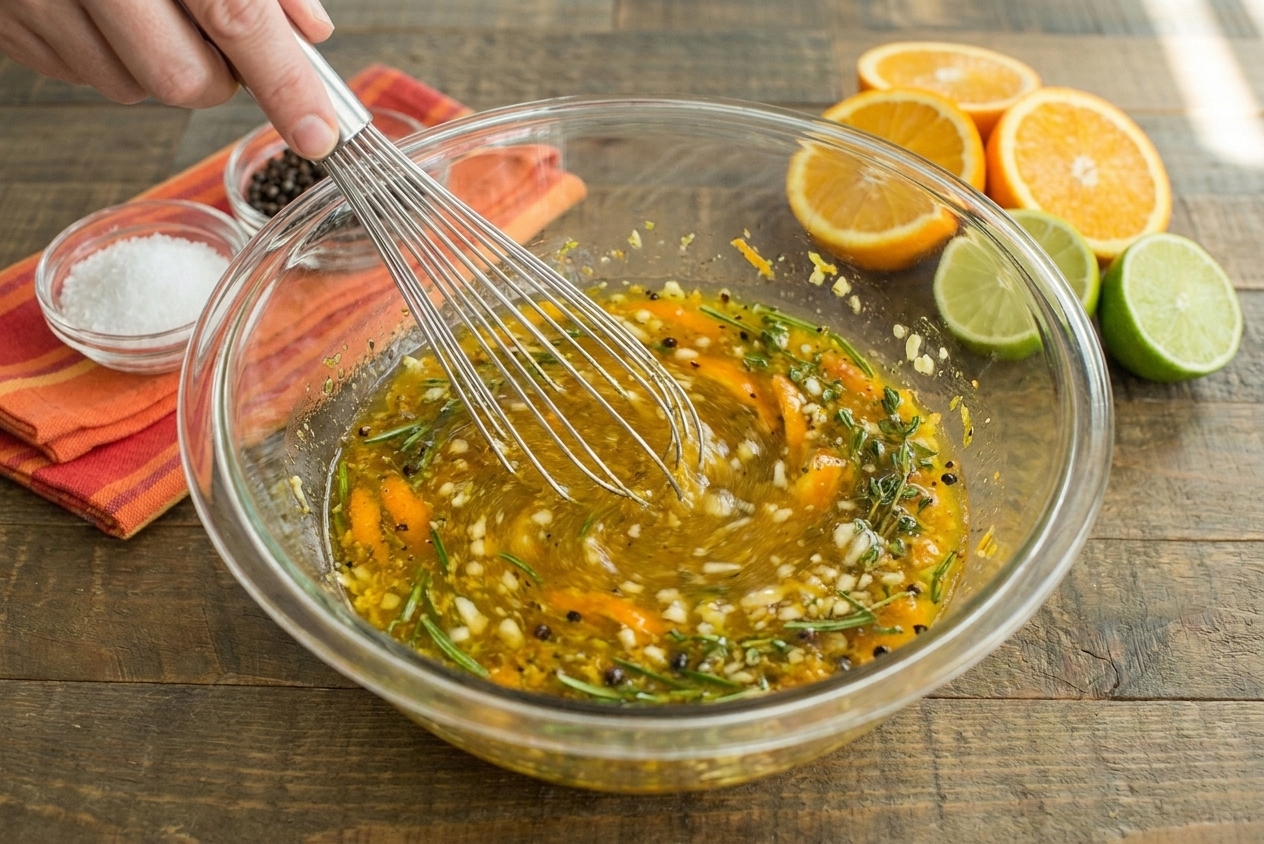 A glass bowl of citrus-garlic marinade being whisked, with visible zest and minced garlic