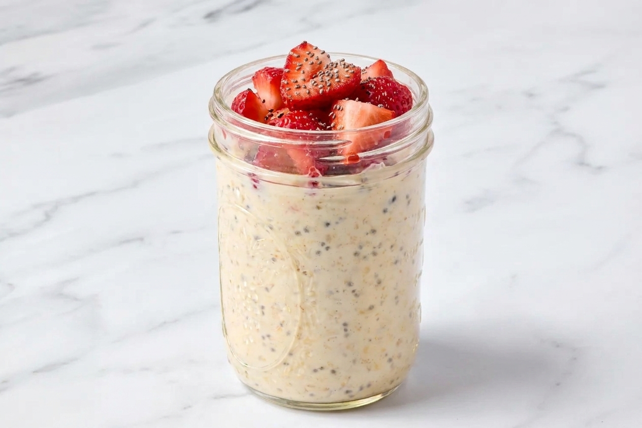 A glass jar filled with creamy overnight oats topped with sliced strawberries and a sprinkle of chia seeds on a kitchen counter