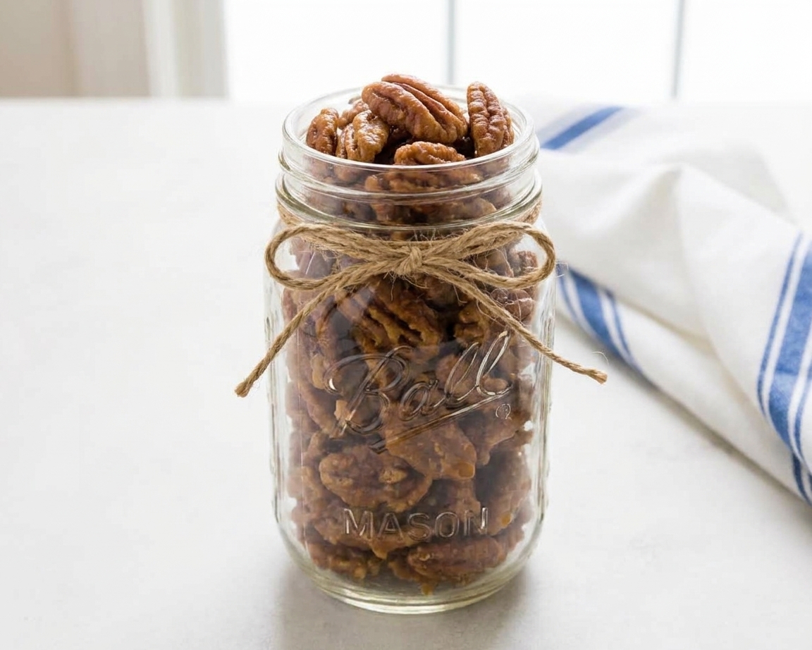 A glass jar filled with praline pecans tied with a simple ribbon on a kitchen counter