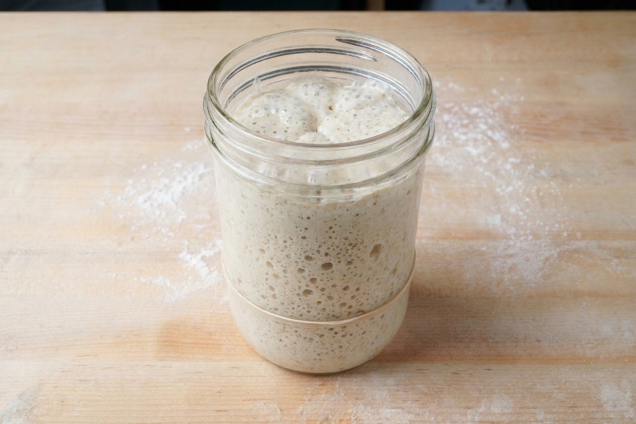 A glass jar of active sourdough starter at peak rise with visible bubbles along the sides on a kitchen counter