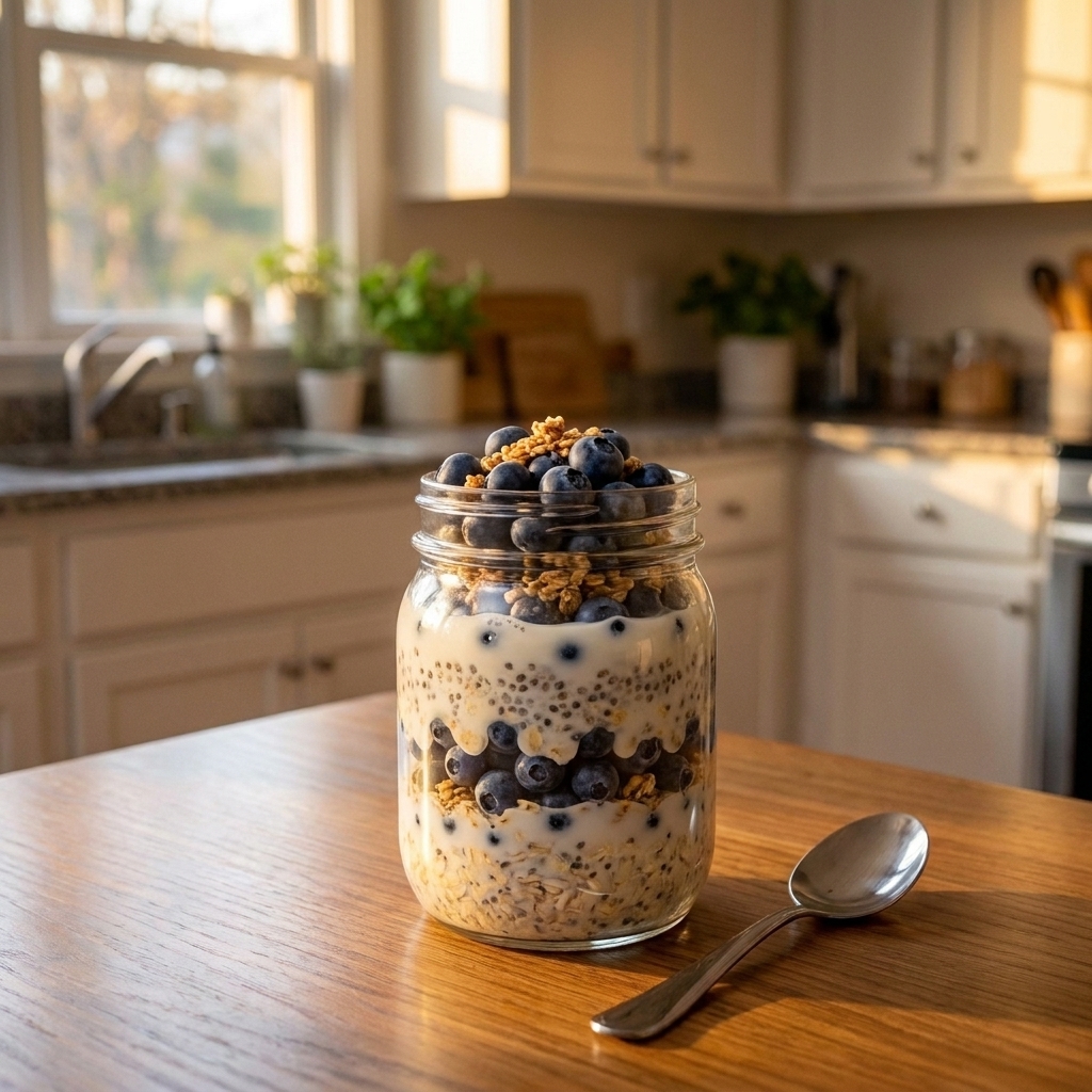 A glass jar of blueberry overnight oats on a kitchen counter with a spoon beside it