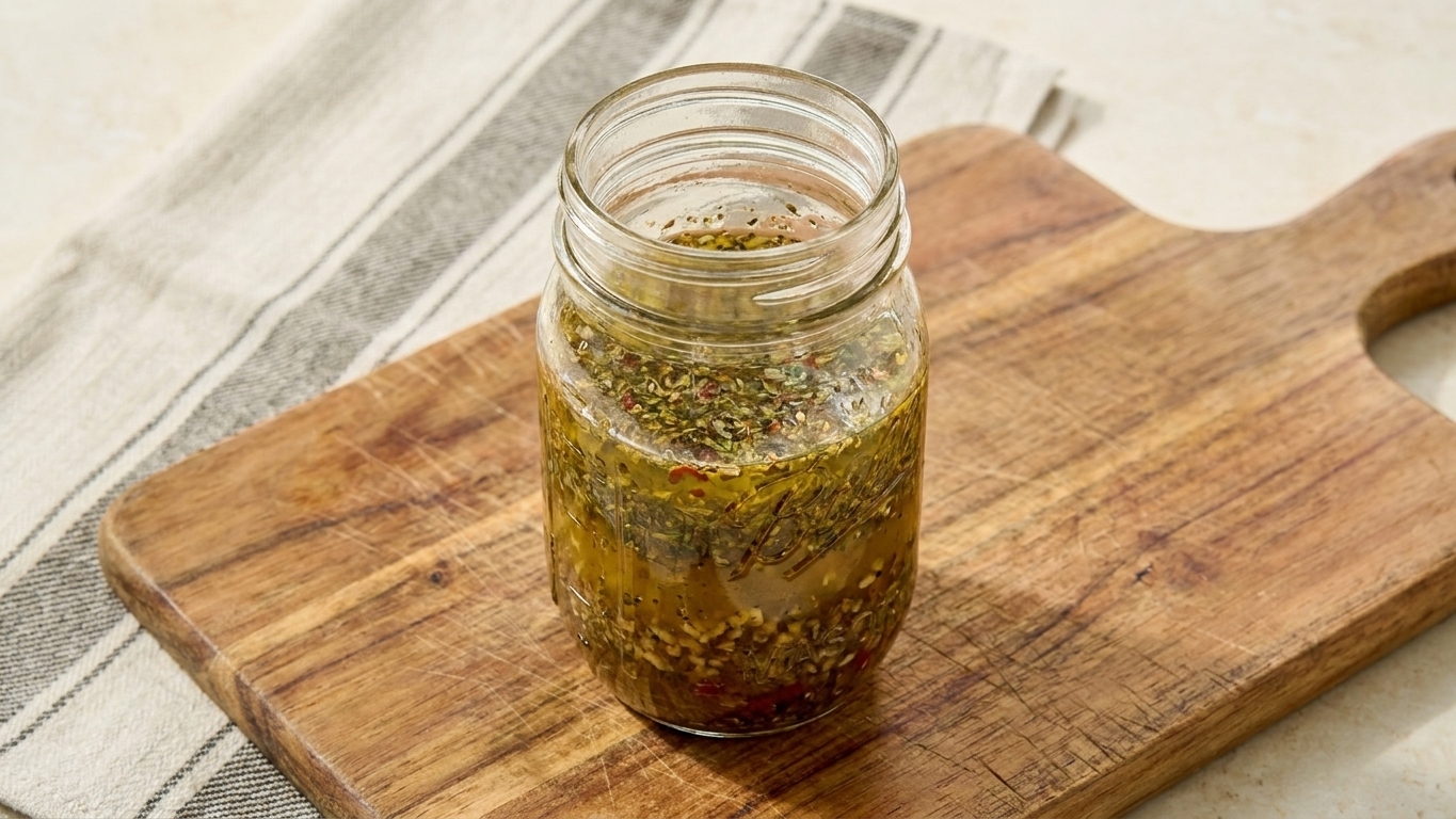 A glass jar of homemade Italian dressing with visible herbs resting on a wooden cutting board