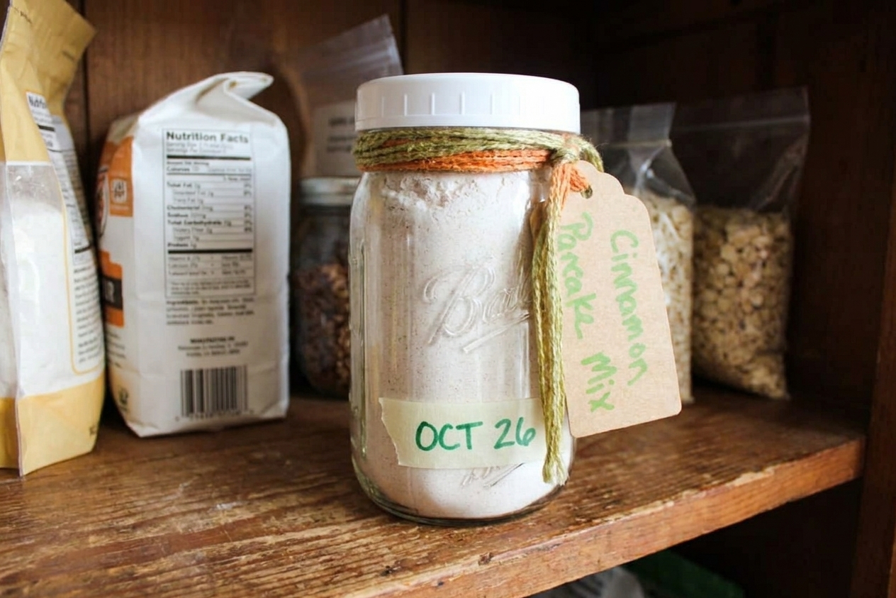 A glass jar of pancake mix with a simple handwritten label and date on masking tape, sitting on a pantry shelf