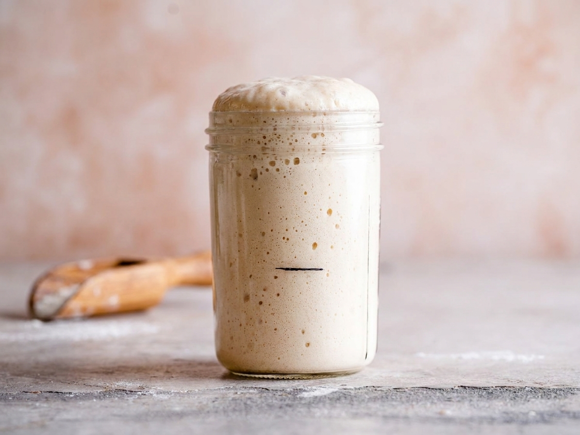 A glass jar of sourdough starter at peak rise with a slightly domed top and a clear rise mark on the jar, sitting on a kitchen counter