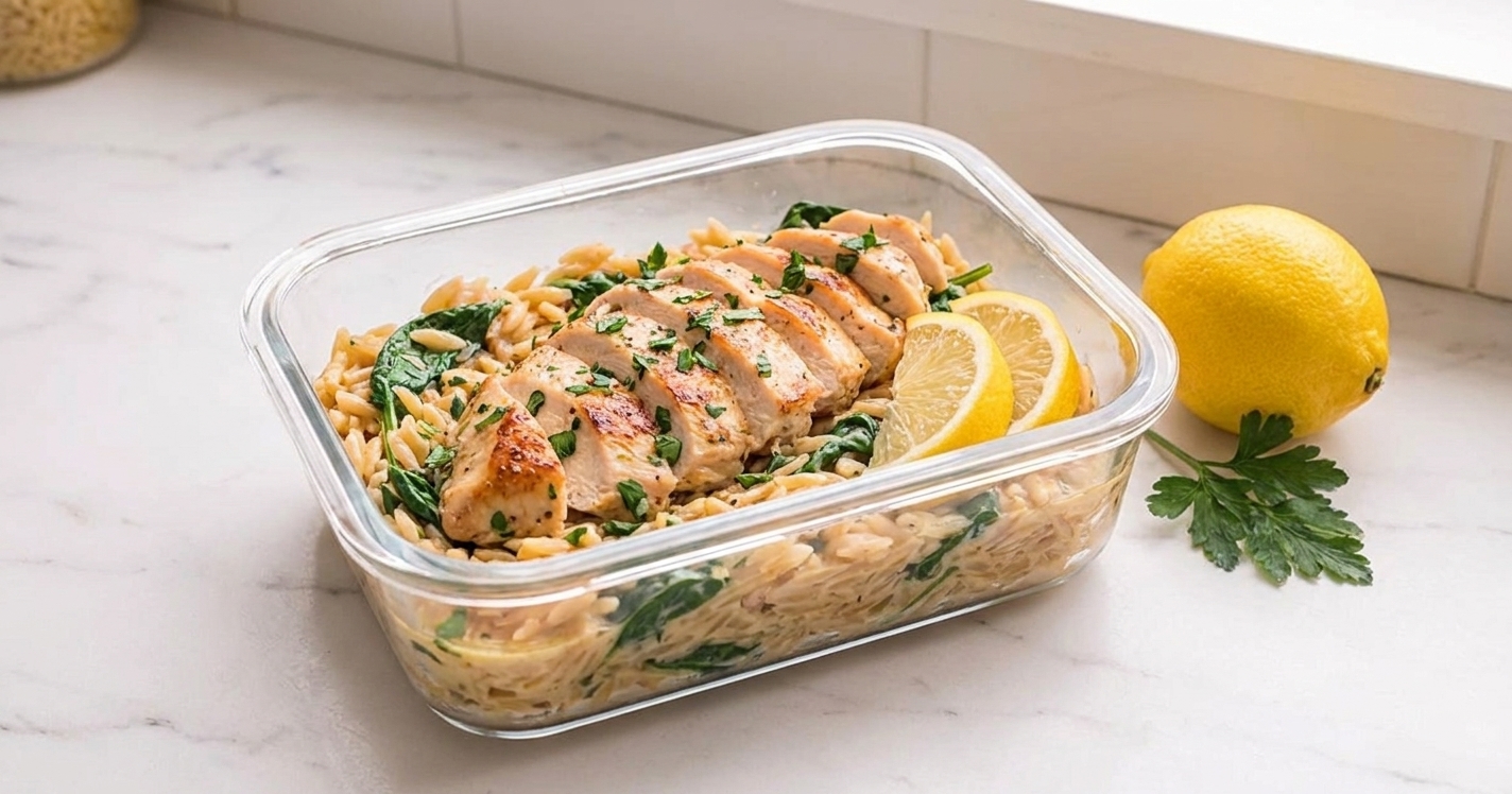 A glass meal prep container filled with creamy lemon orzo and sliced chicken, sitting on a kitchen counter with a lemon nearby