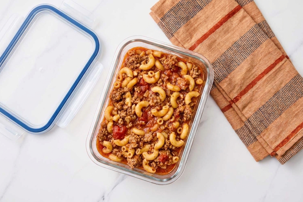 A glass meal prep container filled with leftover American goulash, cooled and ready to store, sitting on a kitchen counter with a lid nearby