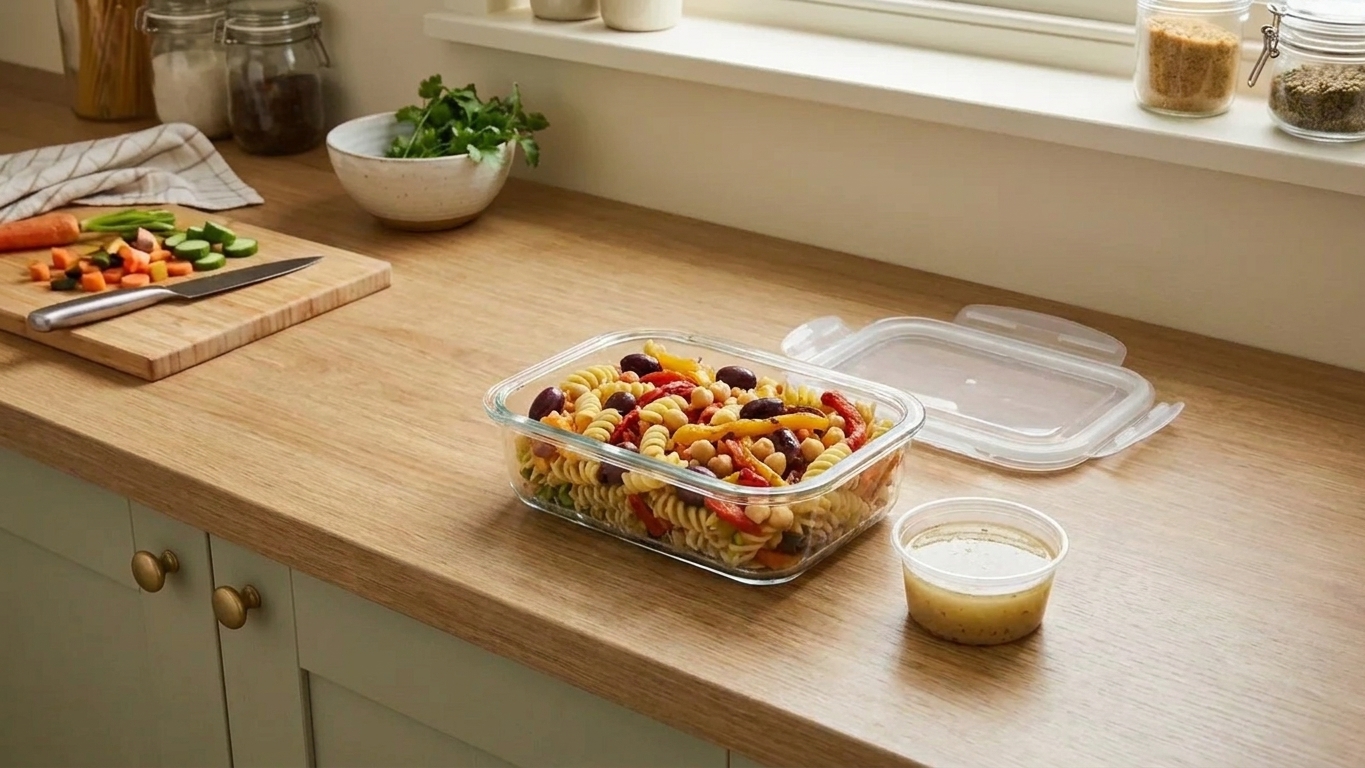 A glass meal prep container filled with pasta salad including olives, chickpeas, and roasted peppers, with a small cup of dressing beside it