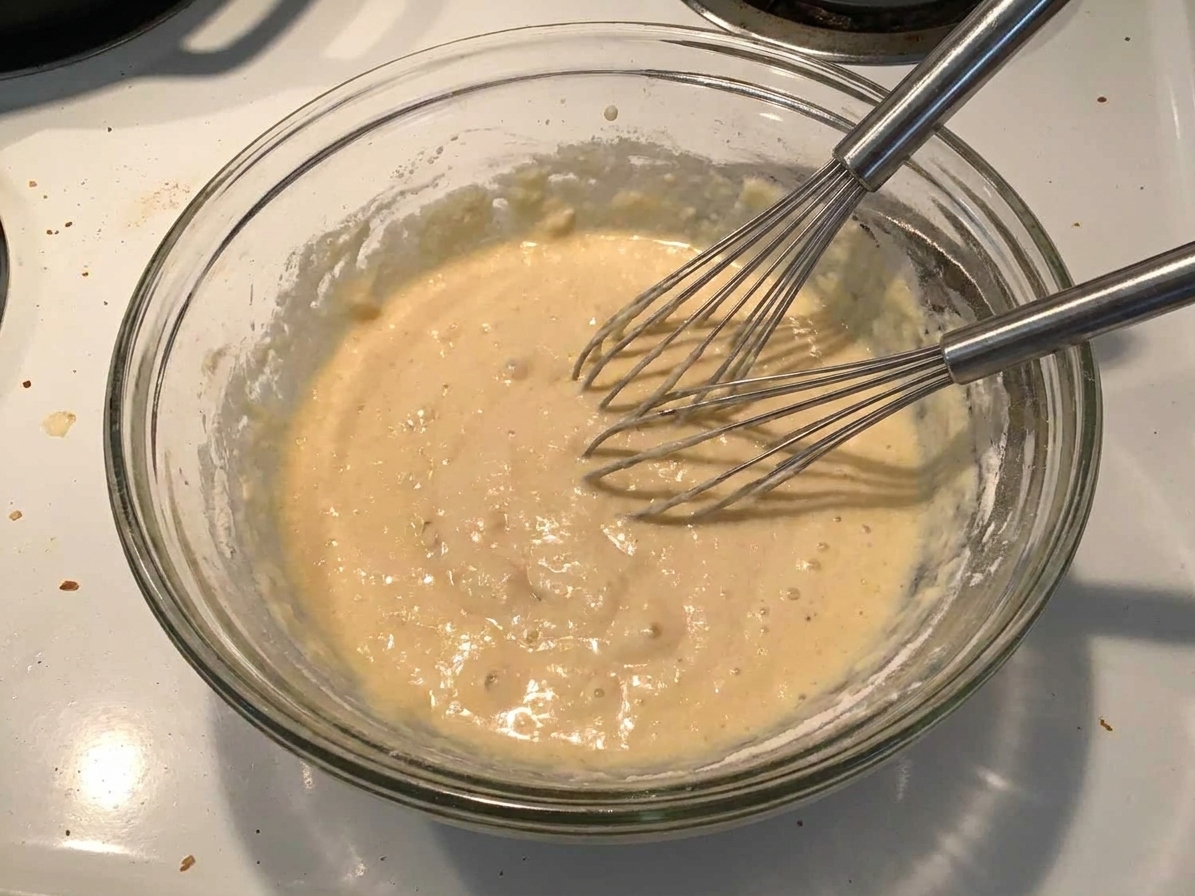A glass mixing bowl of pancake batter with visible small lumps and a whisk resting inside on a kitchen counter