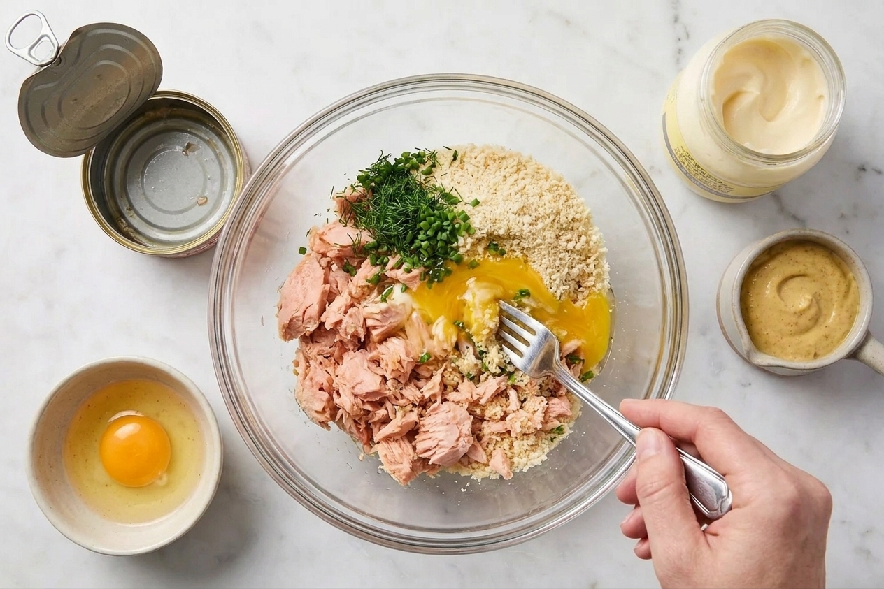 A glass mixing bowl with flaked salmon, breadcrumbs, herbs, and egg being mixed with a fork