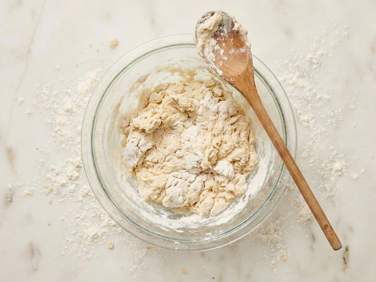 A glass mixing bowl with shaggy pizza dough just stirred together, with a wooden spoon resting on the rim on a flour-dusted counter