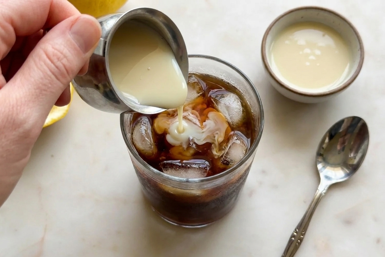 A glass of iced coffee on a kitchen counter with condensed milk being poured in, creating light swirls