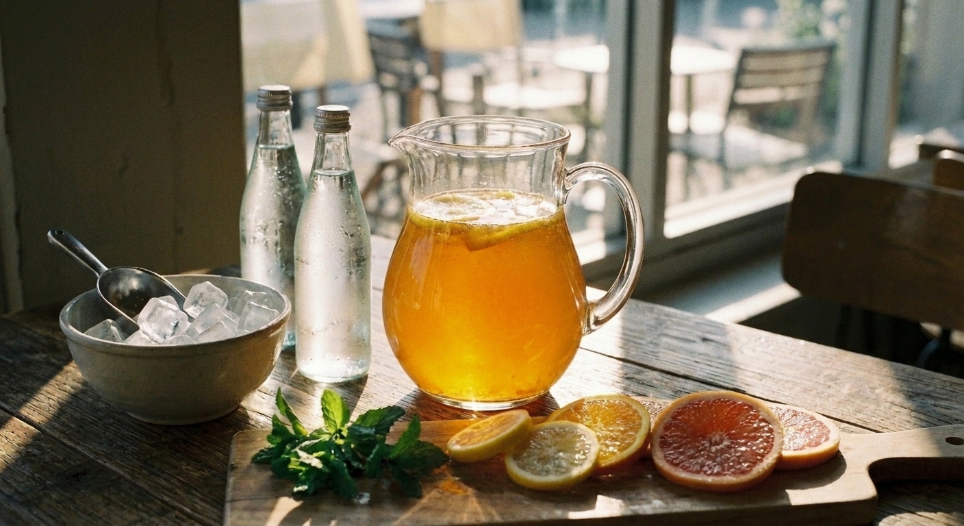 A glass pitcher of citrus potion base on a kitchen counter next to sparkling water bottles, sliced citrus, and a bowl of ice