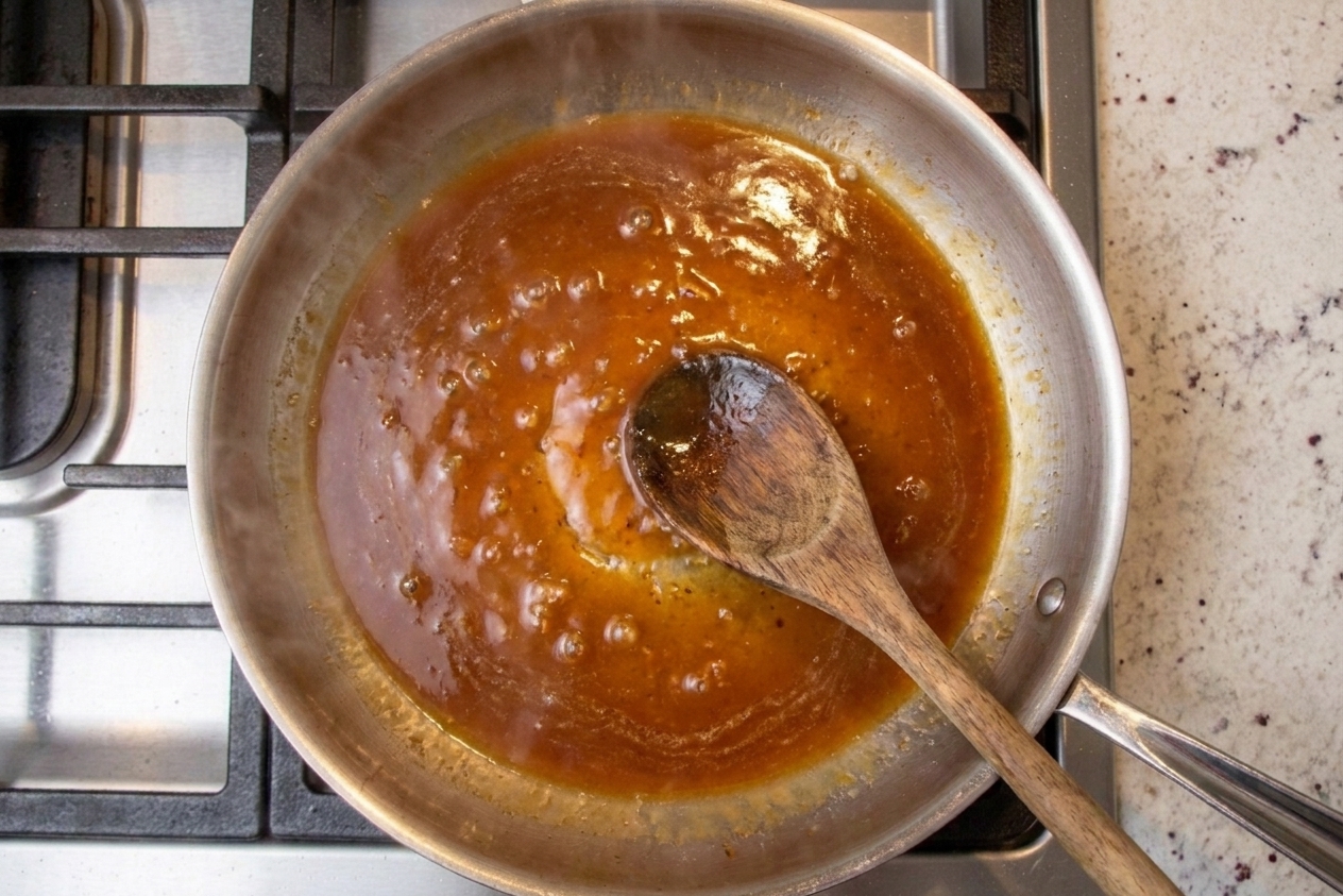 A glossy amber-brown sauce bubbling gently in a skillet with a wooden spoon stirring