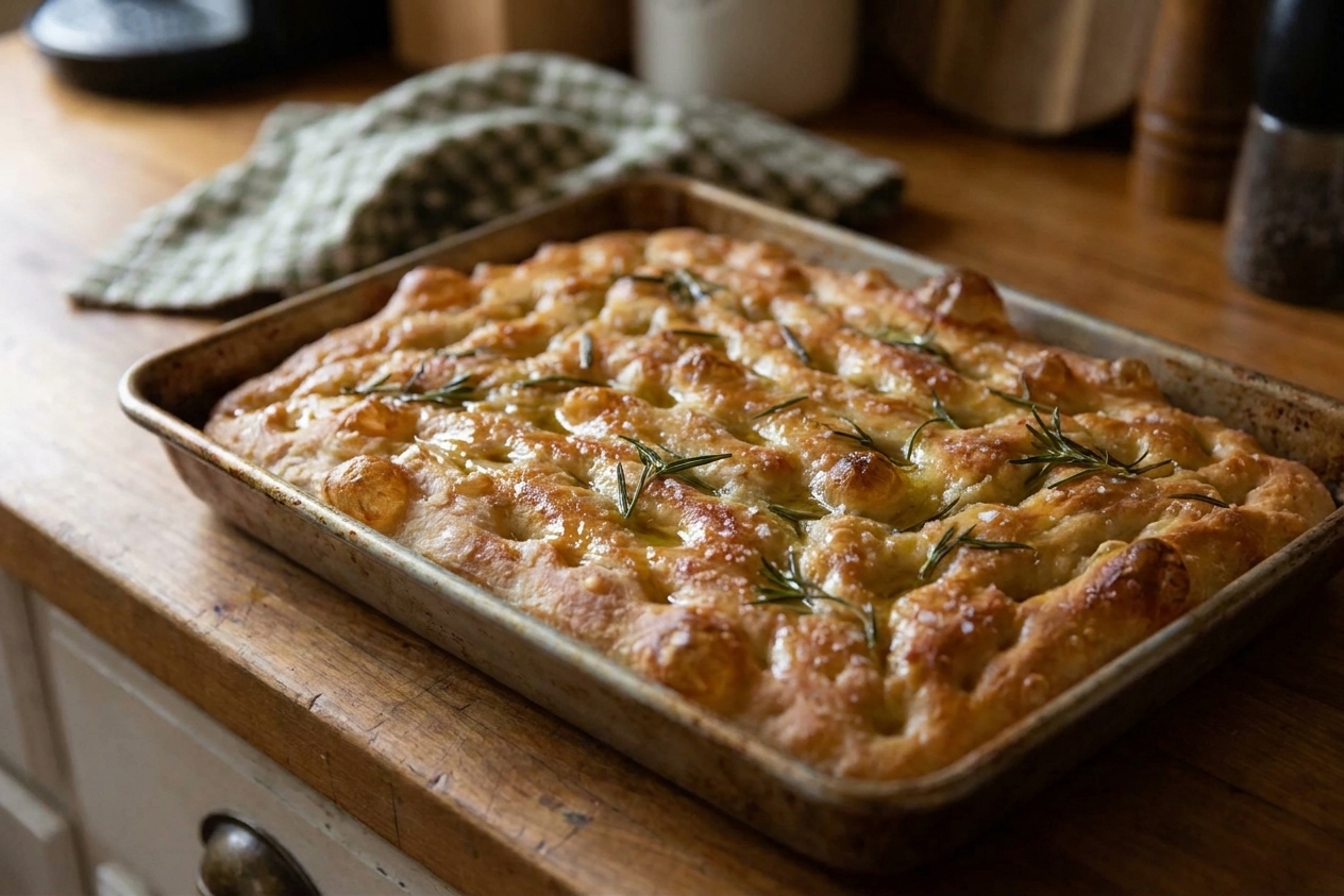 A golden sourdough focaccia in a metal baking pan with a glossy olive oil surface and deep fingertip dimples, photographed on a kitchen counter
