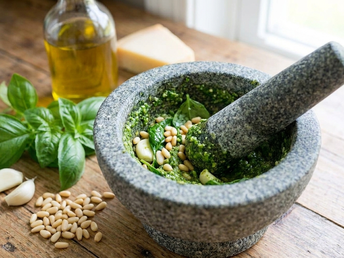 A granite mortar and pestle with basil leaves being crushed into a bright green paste with garlic and pine nuts