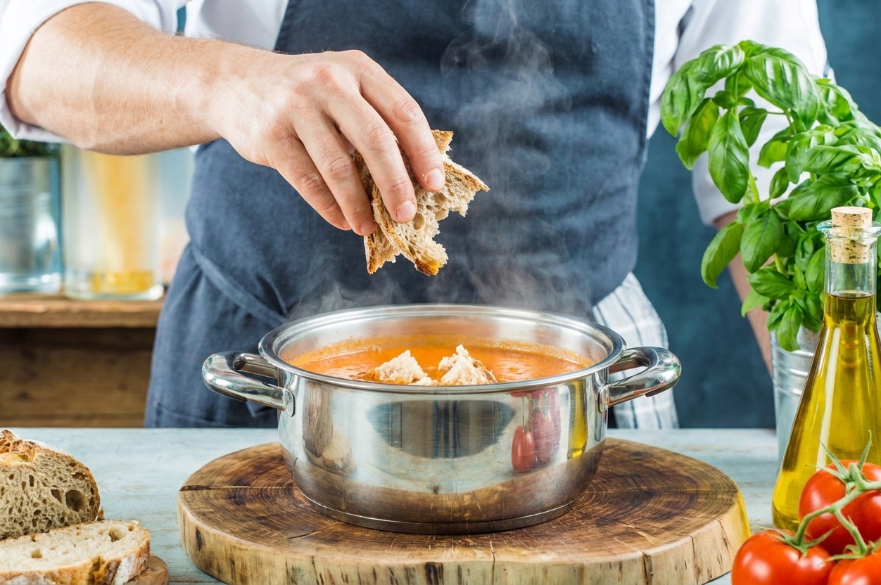 A hand dropping torn pieces of sourdough bread into a pot of tomato soup