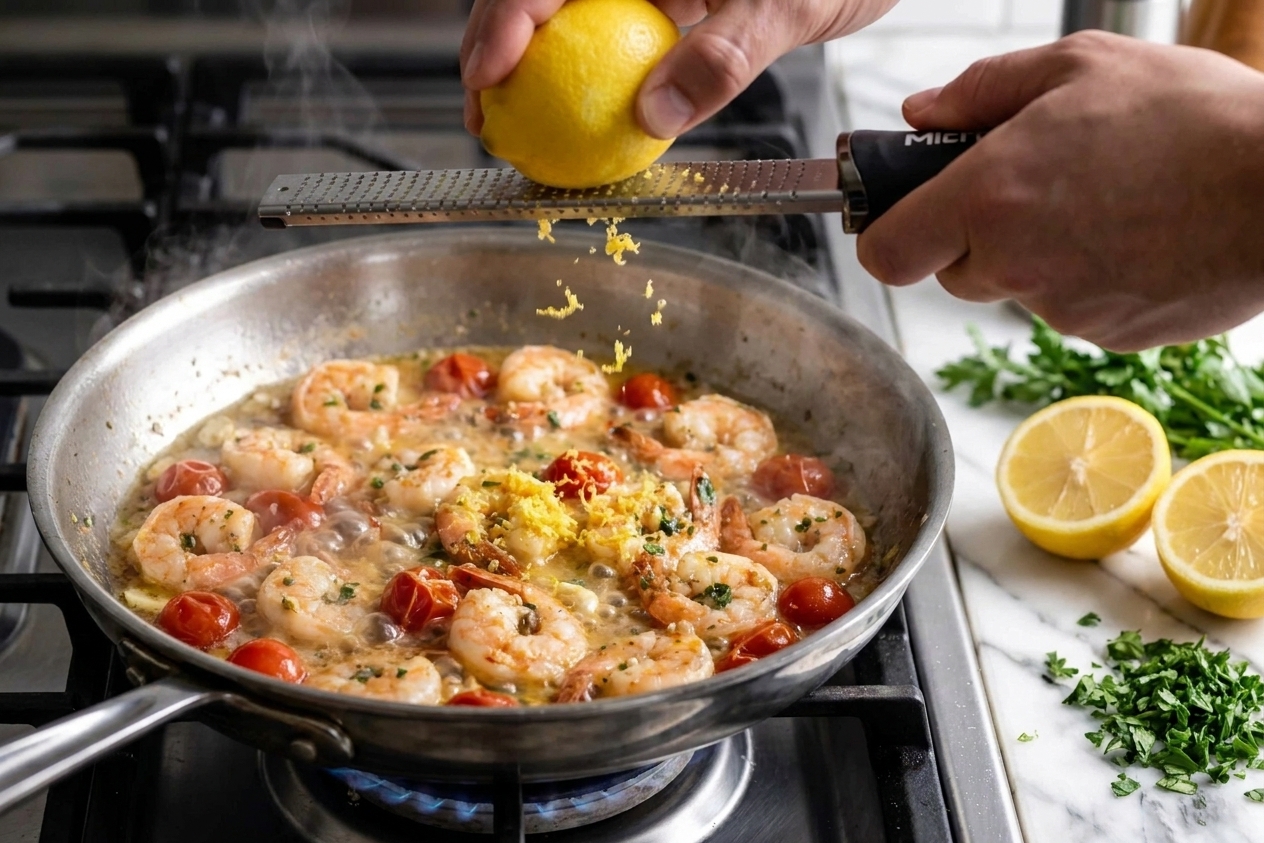 A hand grating lemon zest into a pan of shrimp scampi on the stove, with steam rising and flecks of zest falling into the sauce