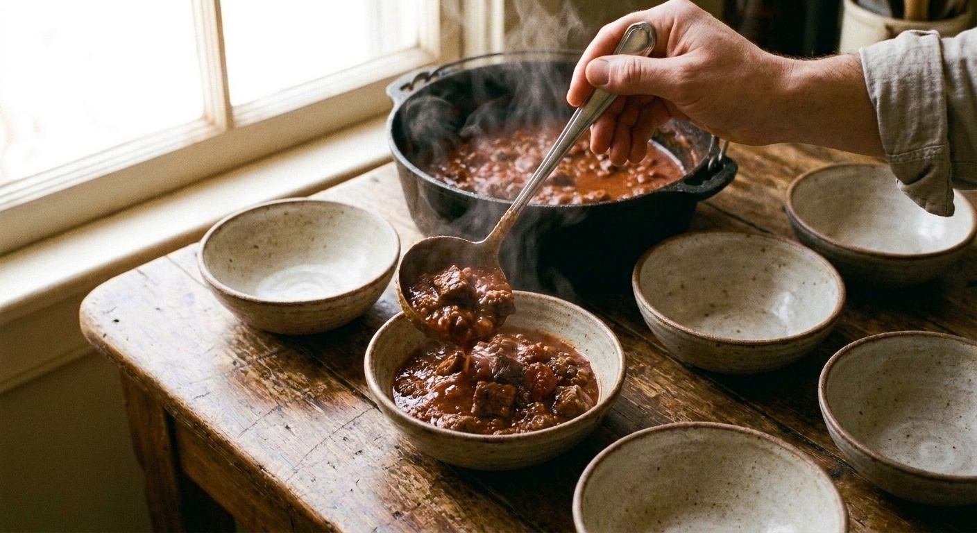 A hand ladling thick Texas chili from a Dutch oven into simple ceramic bowls on a kitchen counter