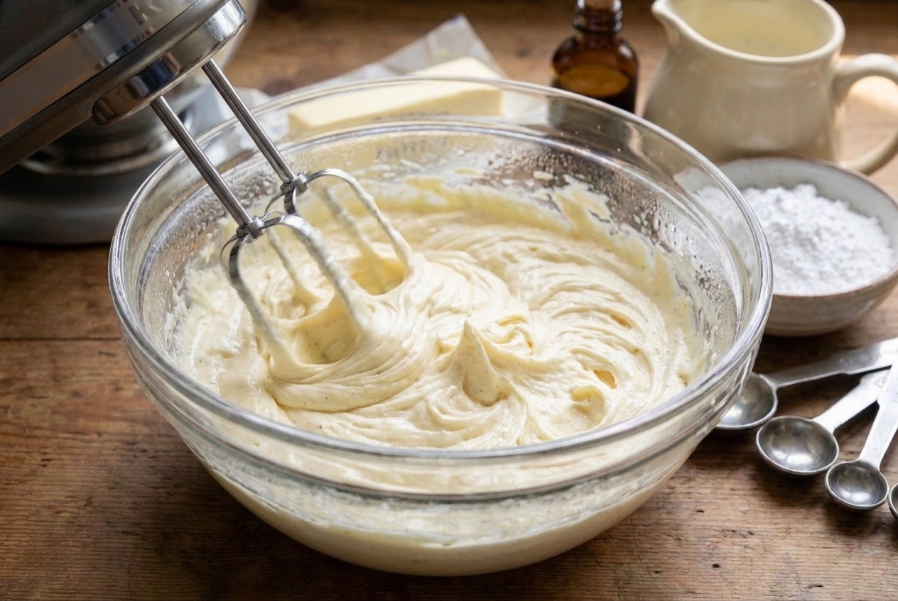 A hand mixer whipping chilled vanilla buttercream in a bowl as it turns fluffy again