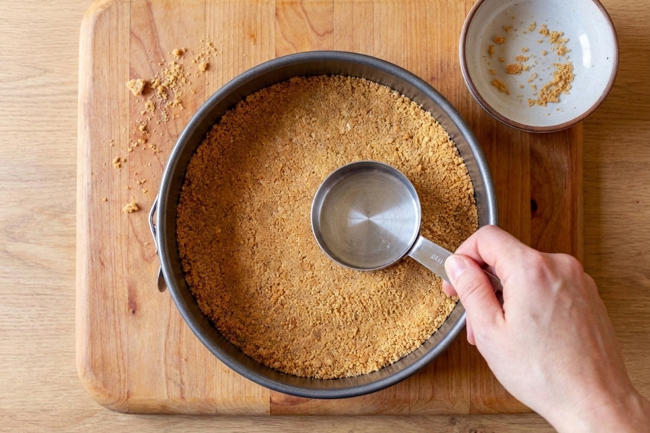 A hand pressing graham cracker crust into a springform pan using the bottom of a measuring cup on a kitchen counter