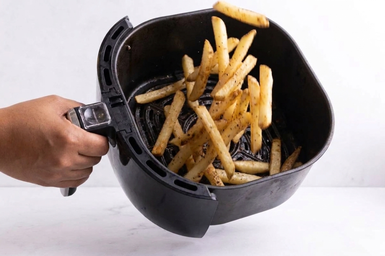 A hand shaking and tossing partially cooked French fries inside an air fryer basket, with fries mid-motion