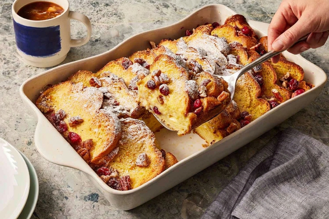 A hand slicing a square of baked French toast casserole in a ceramic dish with a spatula lifting a piece that shows a custardy center