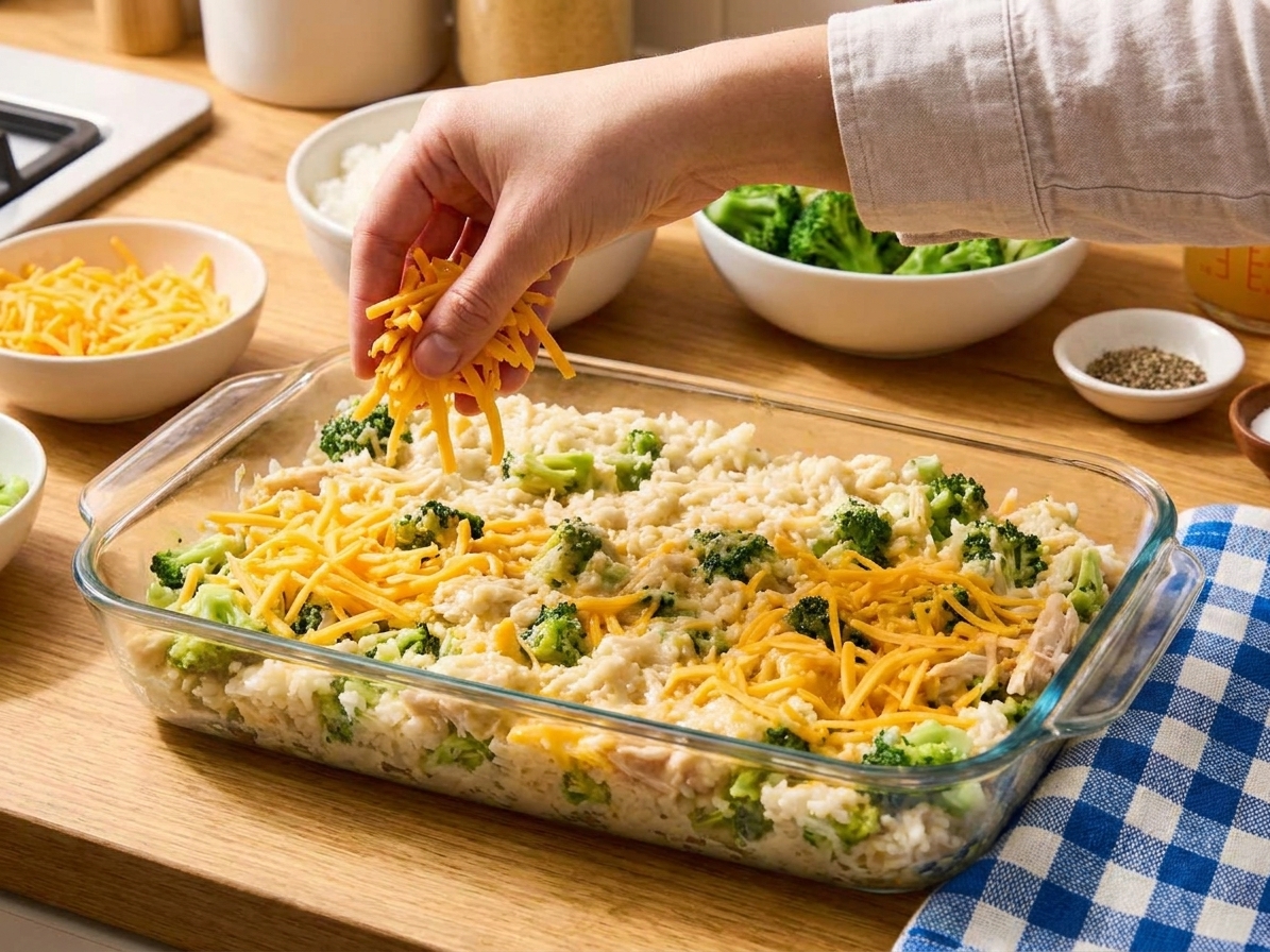 A hand sprinkling shredded cheddar over an unbaked broccoli rice casserole mixture in a glass baking dish on a kitchen counter
