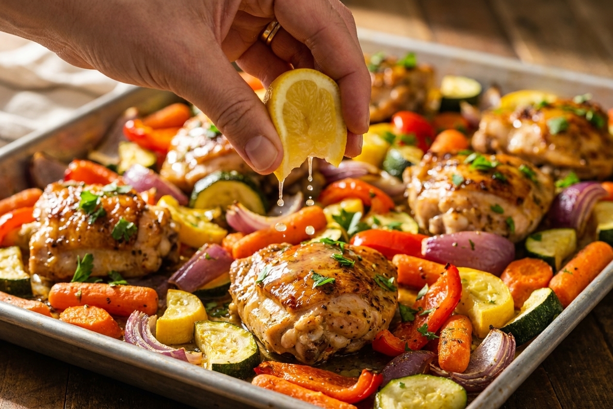 A hand squeezing a lemon wedge over roasted chicken and vegetables on a sheet pan, droplets catching the light