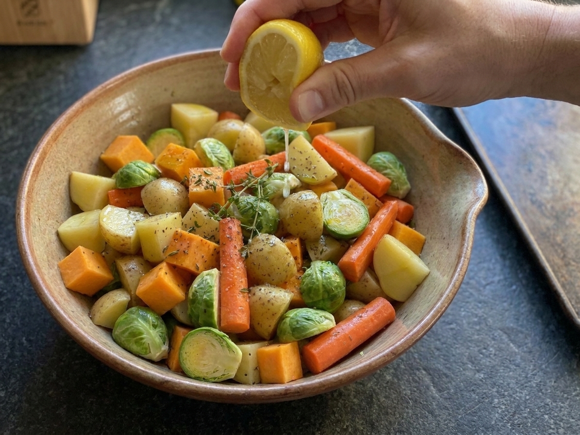 A hand squeezing fresh lemon juice over a bowl of roasted vegetables on a kitchen counter
