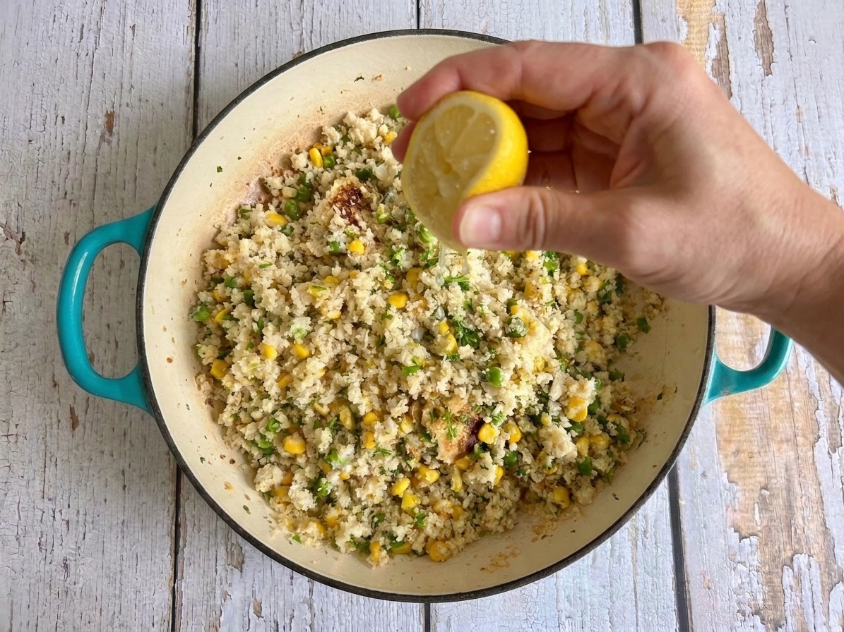 A hand squeezing lemon over a skillet of cauliflower rice right before serving