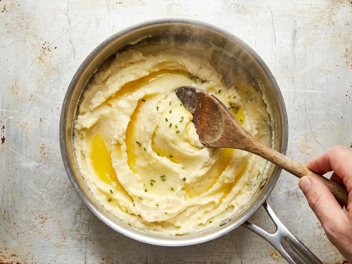 A hand stirring mashed potatoes in a stainless steel saucepan with a wooden spoon as steam rises